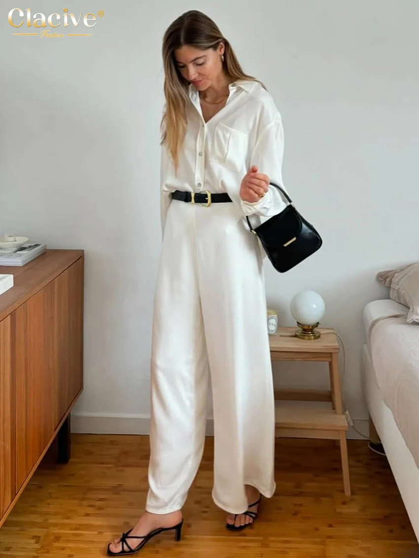 

Clacive Fashion Loose White Satin 2 Piece Set Women Outfit 2025 Elegant Long Sleeve Blouse With High Waist Wide Pants Set Female