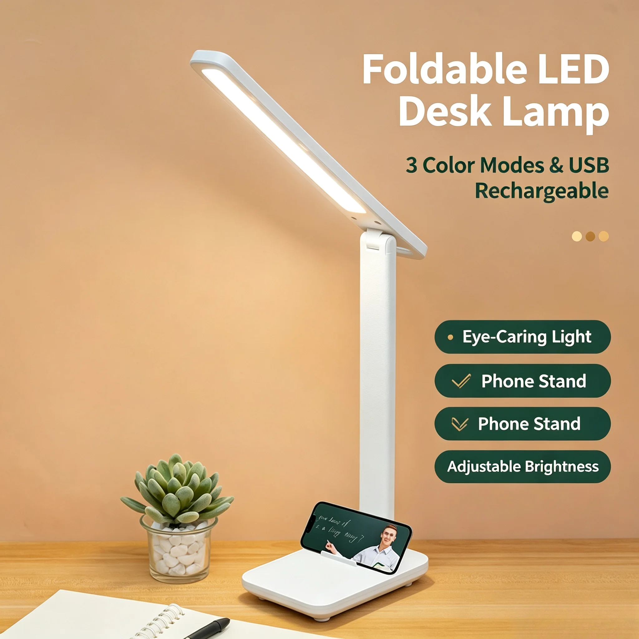 Foldable LED Eye‑Protection Desk Lamp 3‑Color Changing USB Rechargeable with Phone Stand Night Light for Student Bedroom dorm