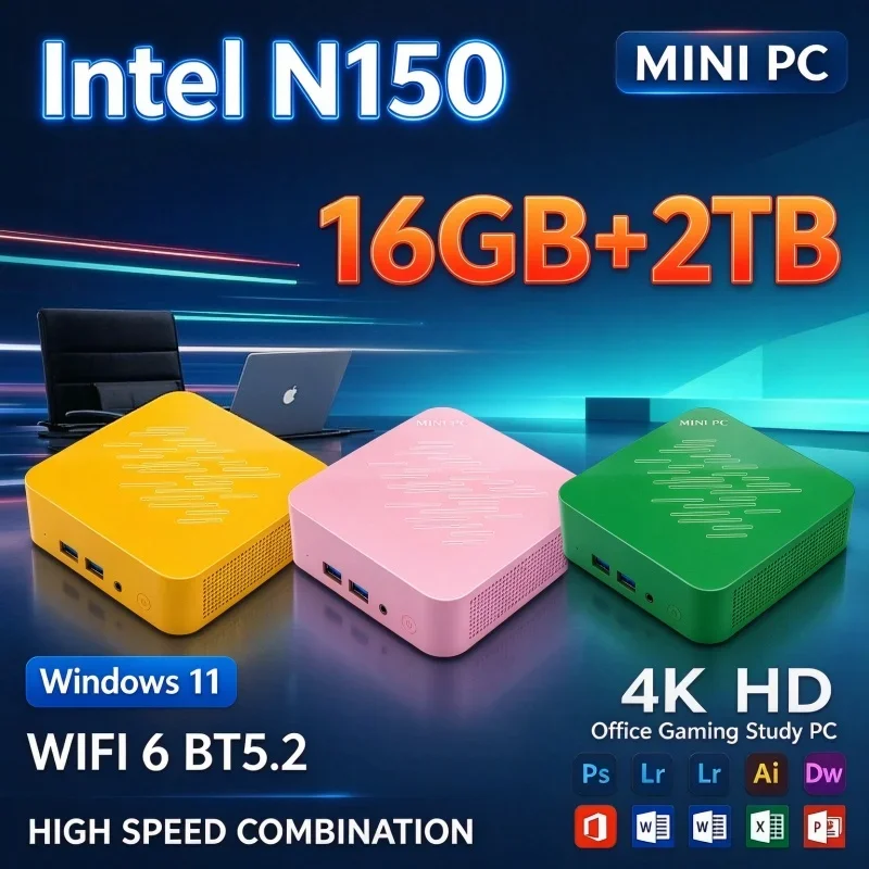 Intel N150 Mini Host Windows11 16GB RAM Optional 1TB/2TB SSD WiFi 6 Bluetooth5.2 4K Output Small Desktop Computer for Daily Home