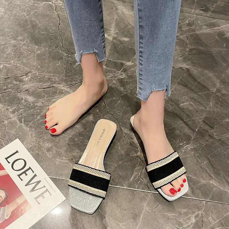 Transparent Sandals For Women Summer New Fashion Square Toe Crystal Low Heels Slippers Plus Size Beach Sandal Zapatillas Mujer