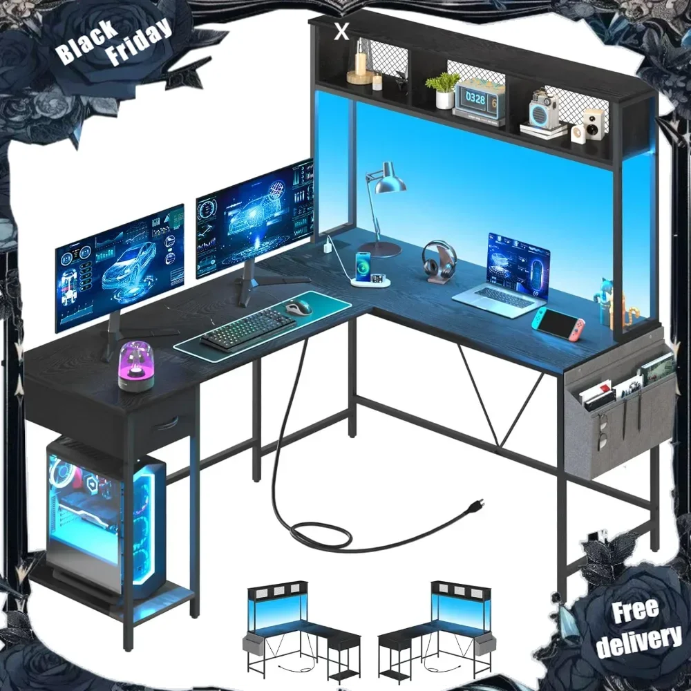 L Shaped Desk Gaming Desk with LED Strip & Power Outlet, Reversible L-Shaped Computer Desk with Storage Shelf & Drawer