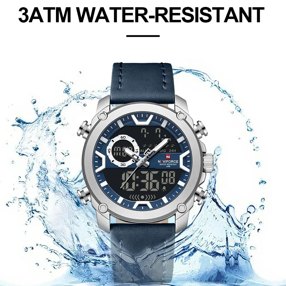 NAVIFORCE Bussiness Super Style Men's Wristwatch Dual Display Time Genuine Leather 3ATM Waterproof Alarm Clock Mode Boys' Watch