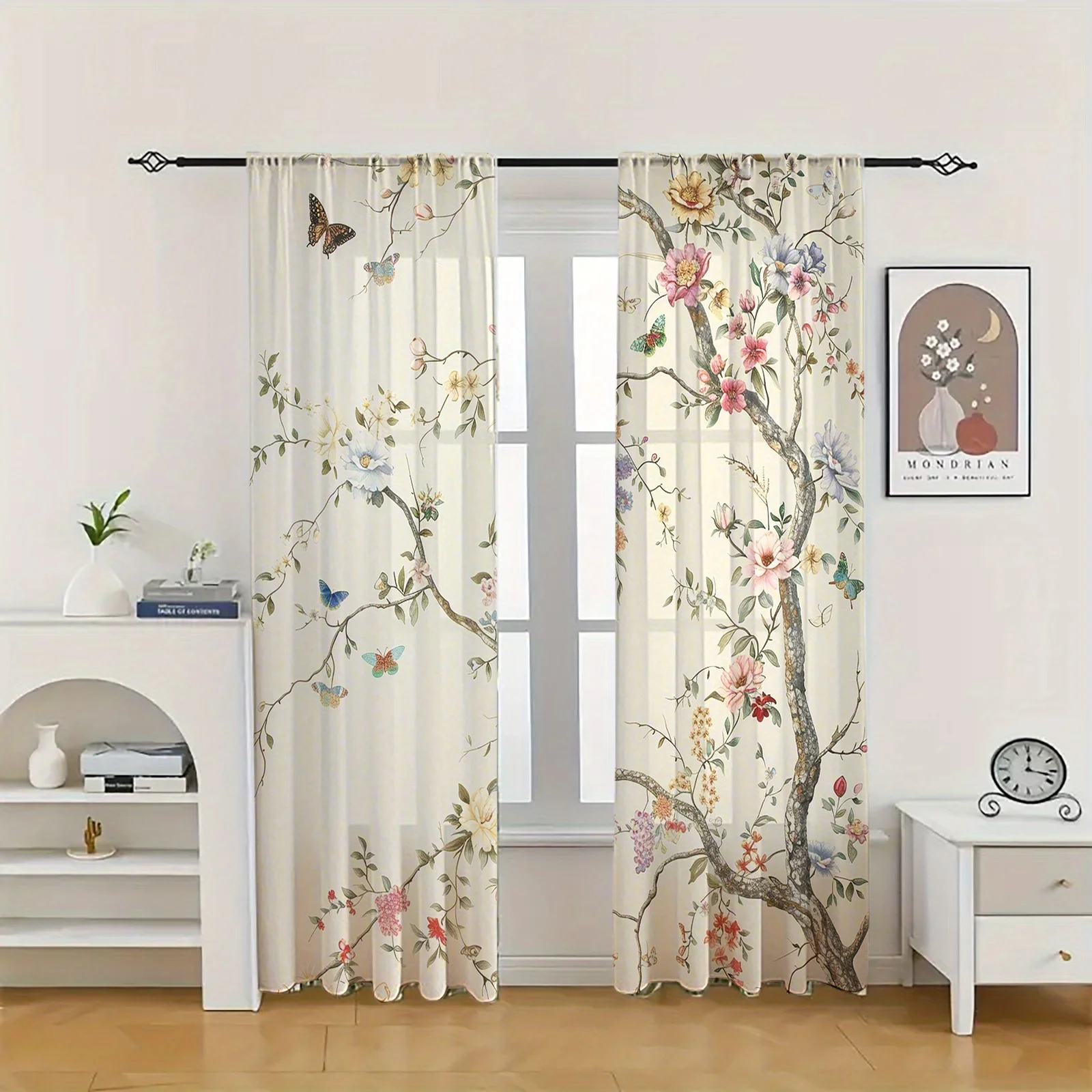 2PCS Vintage Sheer Curtains, Bird Flower Branch Butterfly, Digital Print, Bedroom Living Room, Rod Pocket Polyester, Home Decor