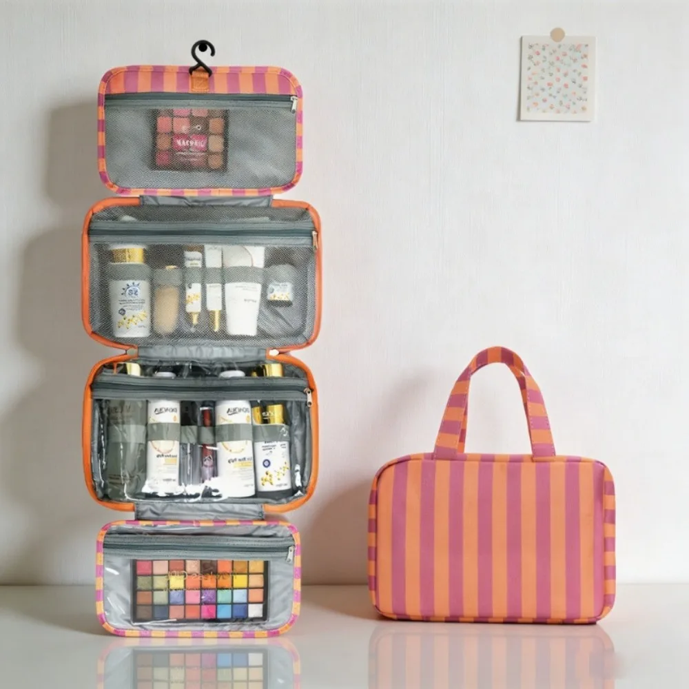 Striped Toiletry Bag 4 Compartments Foldable Striped Pouch with Hook |Traveling Toiletry Bags for Cabinet Closet Shower Suitcase