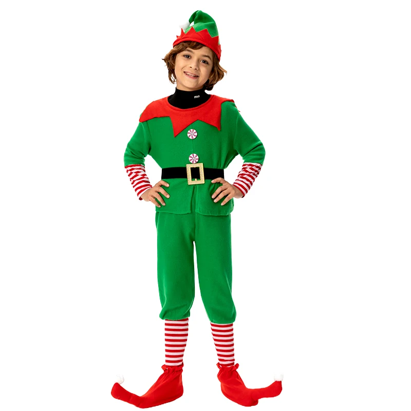 

Детский новый рождественский карнавальный костюм Санта-Клауса для мальчиков и девочек, зеленый эльф, карнавальная вечеринка, новогоднее нарядное платье, костюм, подарок
