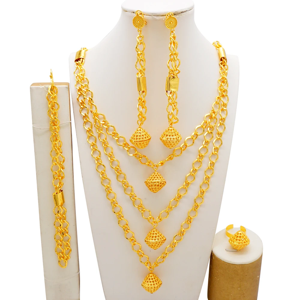 Elegant Italian Dubai Jewelry Sets Luxury Design Full Set Party Jewelry Two Tone Necklace Earrings Ring Bracelet Wedding Gift