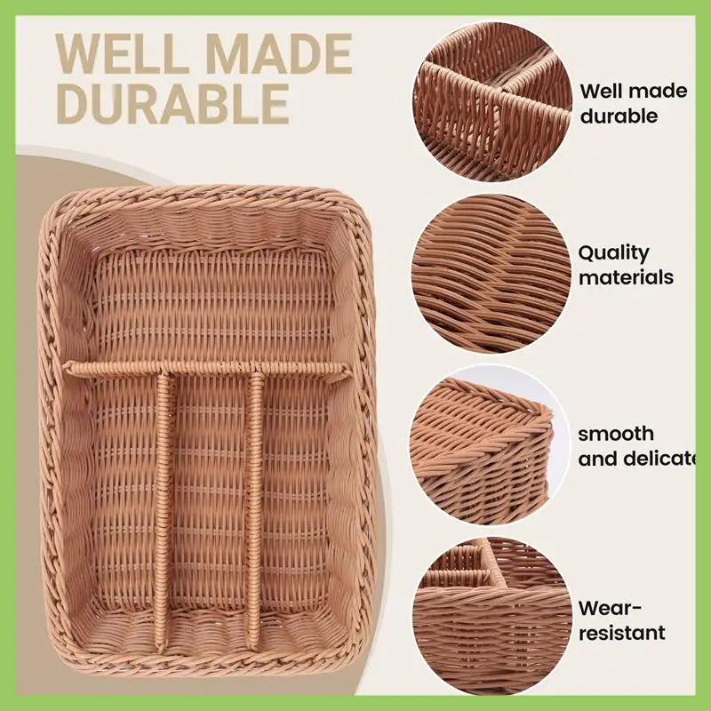 

Kitchen Drawer Organizer Cutlery Storage Basket 4 Compartments Kitchen Forks Knifes Rattan Storage Tray