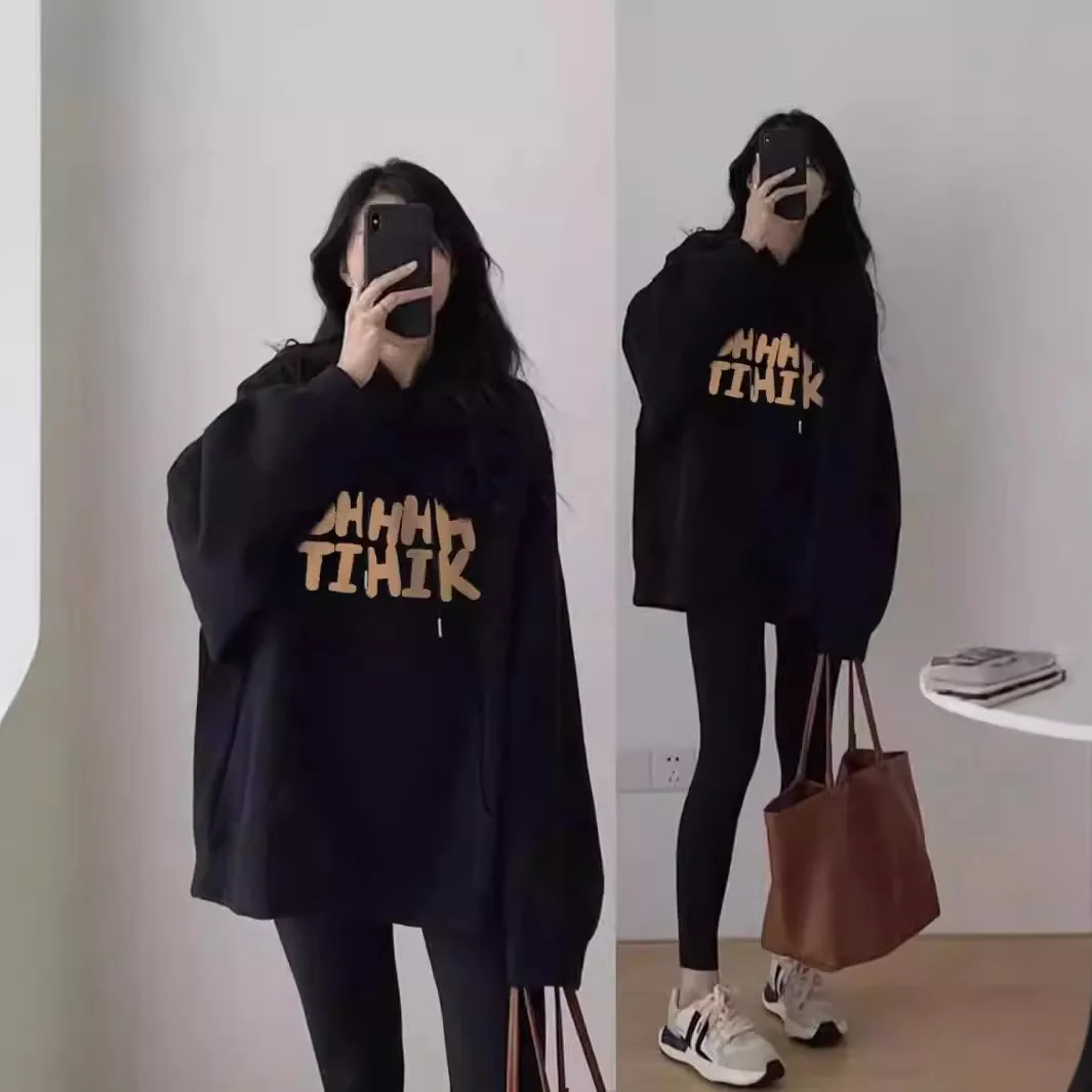 

Черная толстовка с капюшоном для женщин, весна, осень, зима, на флисовой подкладке, утолщенная, новинка 2024 года, в стиле «ленивый Гонконг», свободный крой.