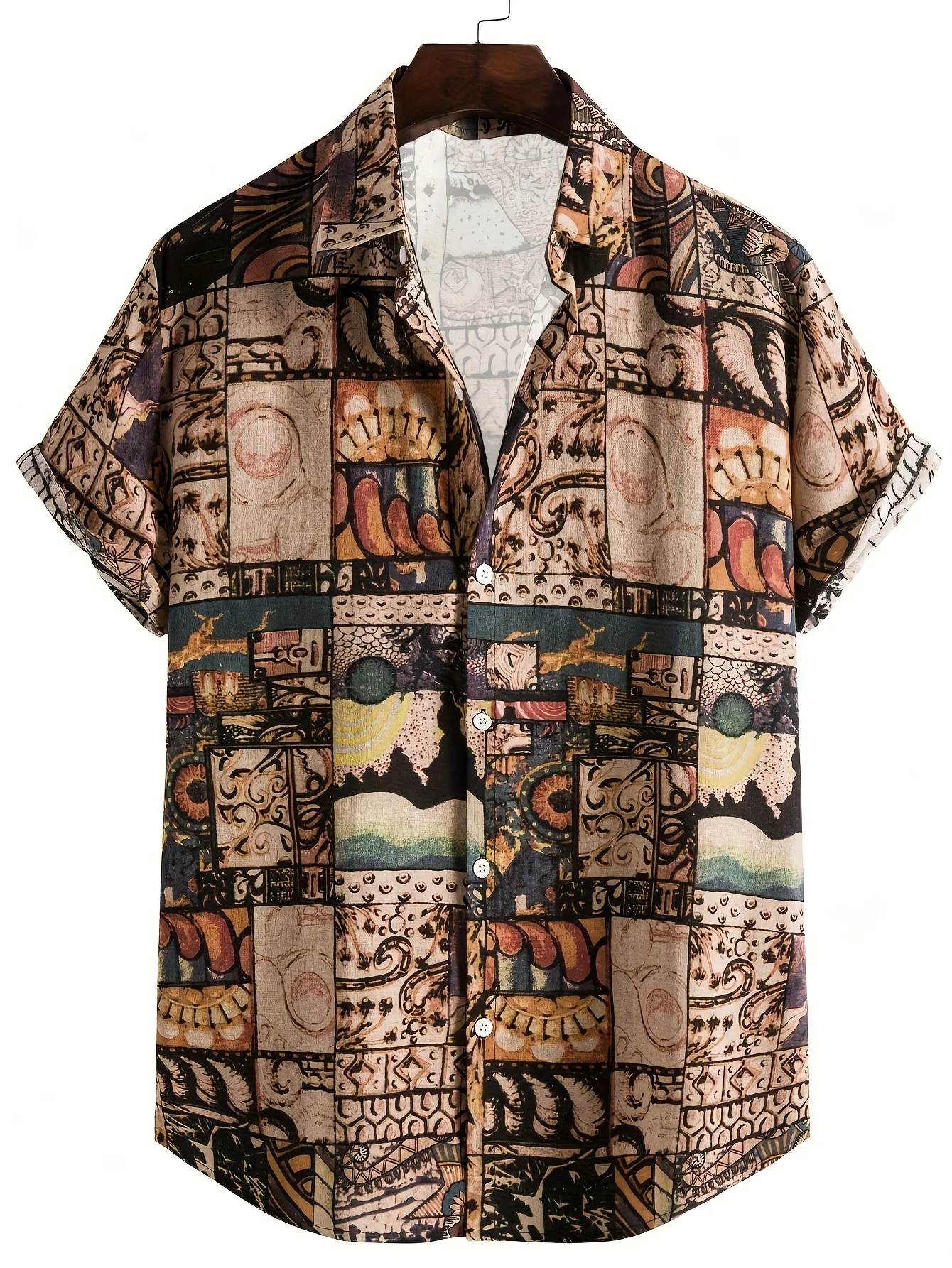 Men Short Sleeve Button Down Shirt Vintage Tribal Mosaic Patchwork Print Polyester Casual Holiday Beach Blouse