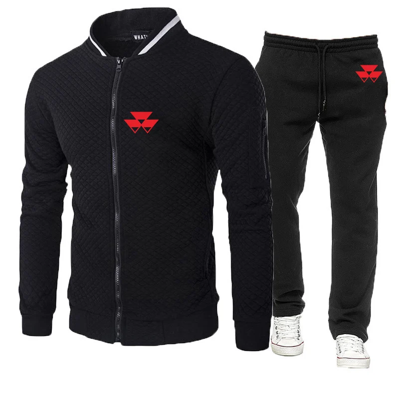 2024 Lente Herfst Heren Massey Ferguson Logo Print Populaire Rits Sweatshirt Met Capuchon + Casual Joggingbroek Slim Fit Effen Kleur sets