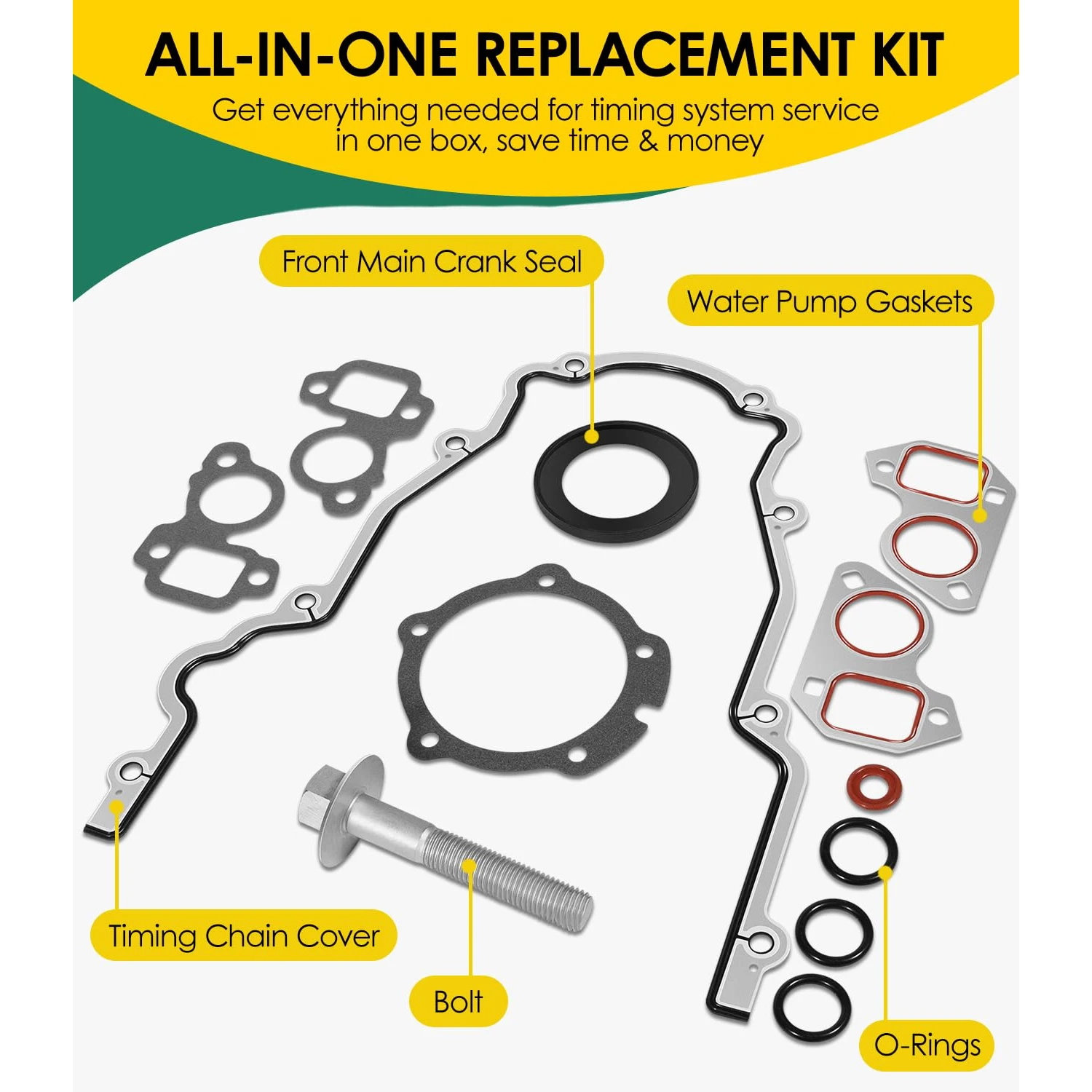 Replaces TCS10448, 12633904,TCS45993 Engine Timing Cover Gasket & Water Pump Seal Kit for GM LS Engines LS1 LS2 LS3 LS6