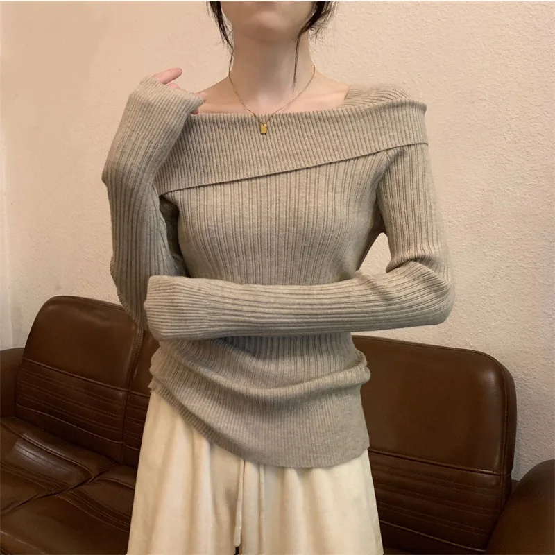 Women Jumpers Office Fashion New Solid Sexy Slim Off Shoulder Slash Neck Long Sleeve Knitting Sweater