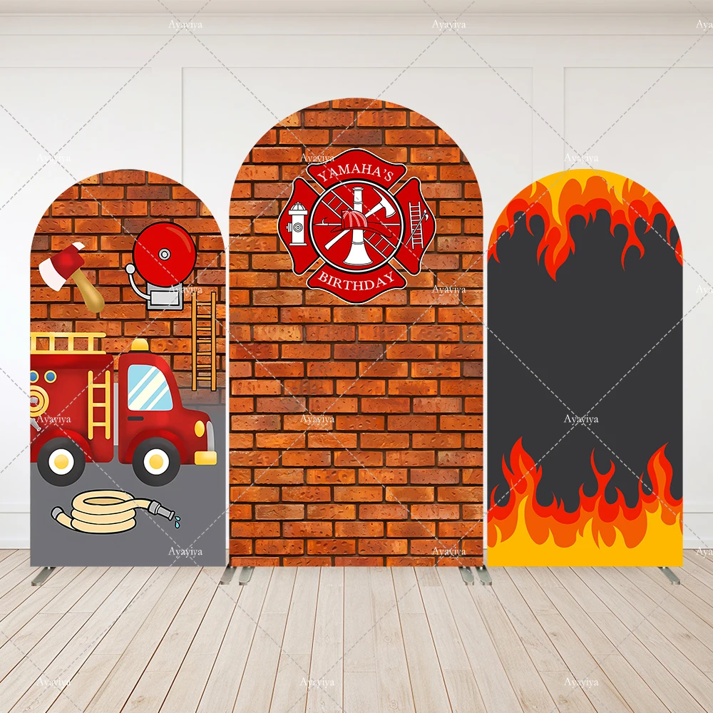 

Firefighter Kids Birthday Party Arch Cover Backdrop Fire Truck Photography Background Boy Portrait Brick Wall Decor Photobooth