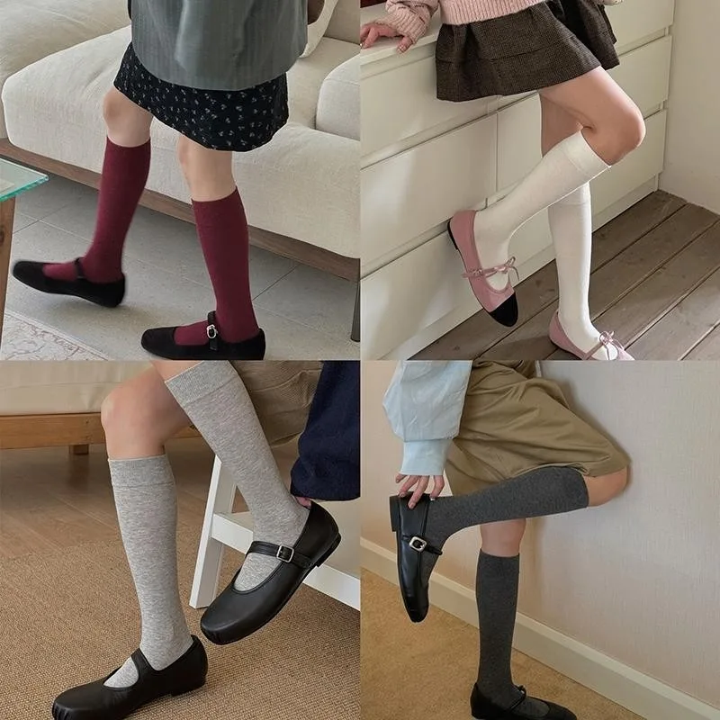White Socks Women's Solid Color Seamless Cotton Knitted Stockings Autumn/Spring Knee High Sock JK Retro Long Compression Socks