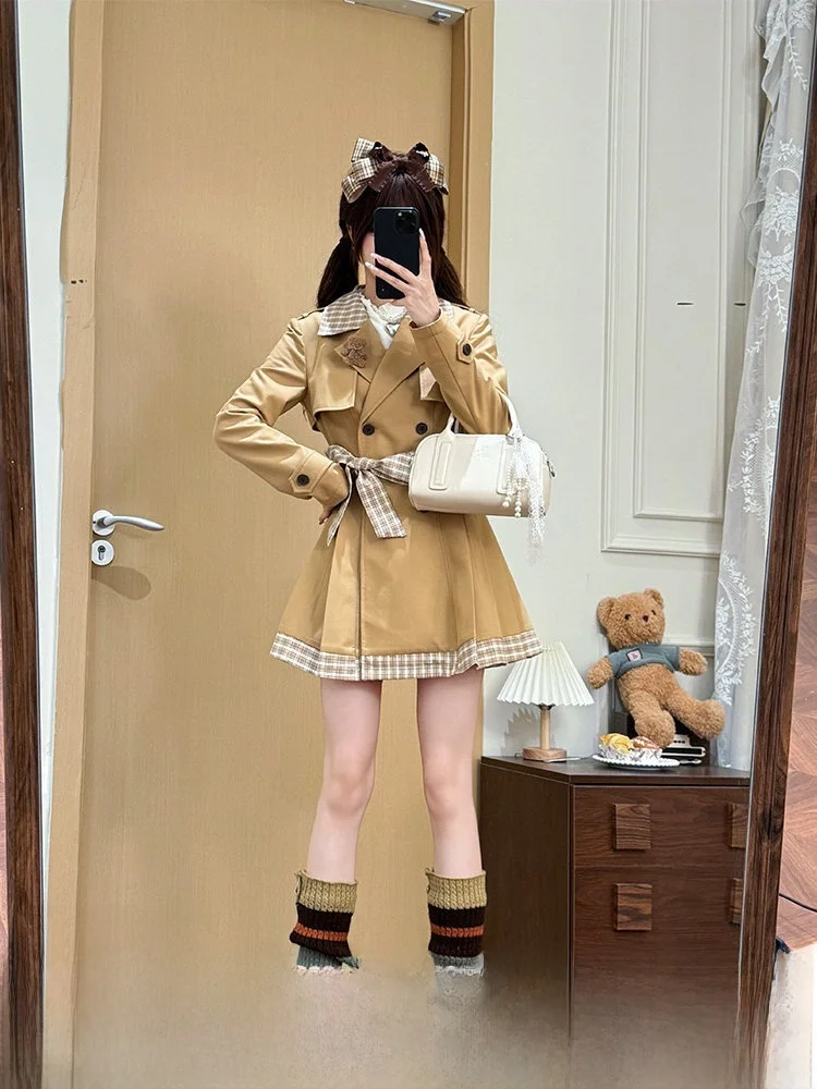 

Kaki Color Splicing Windbreaker Women's Elegant Feel Medium Length Coat Outerwear Polyester Viscose Blend Korean Style