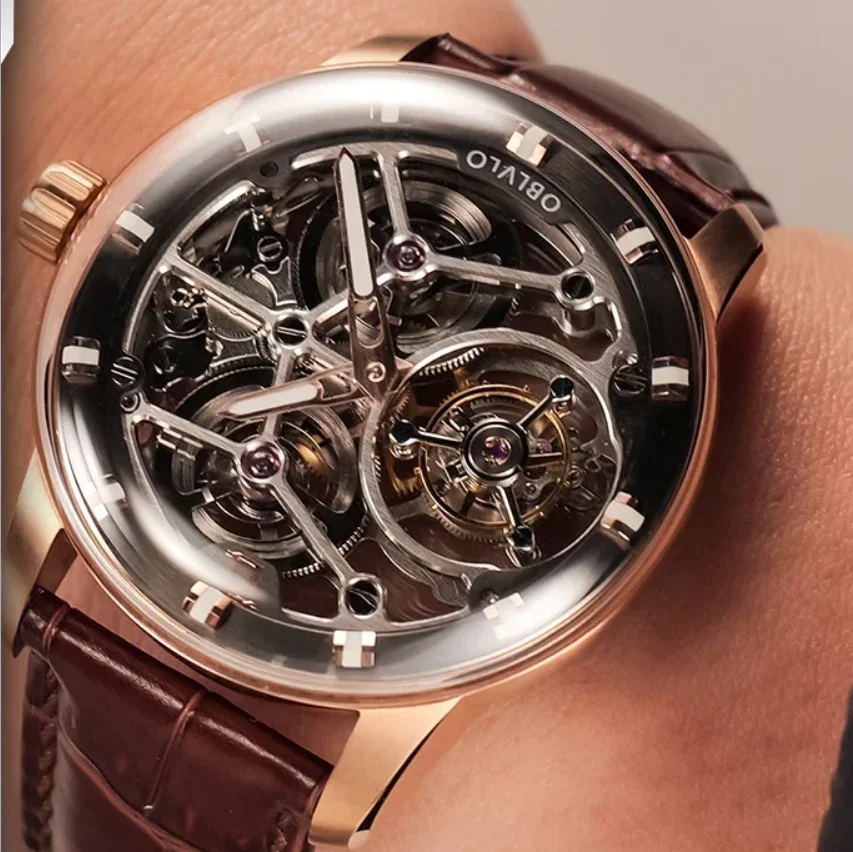 OBLVLO Men Tourbillon Watch 42mm Manual Winding Mechanical Wristwatch Vintage 50M Waterproof Sapphire Skeleton Dial Luminous