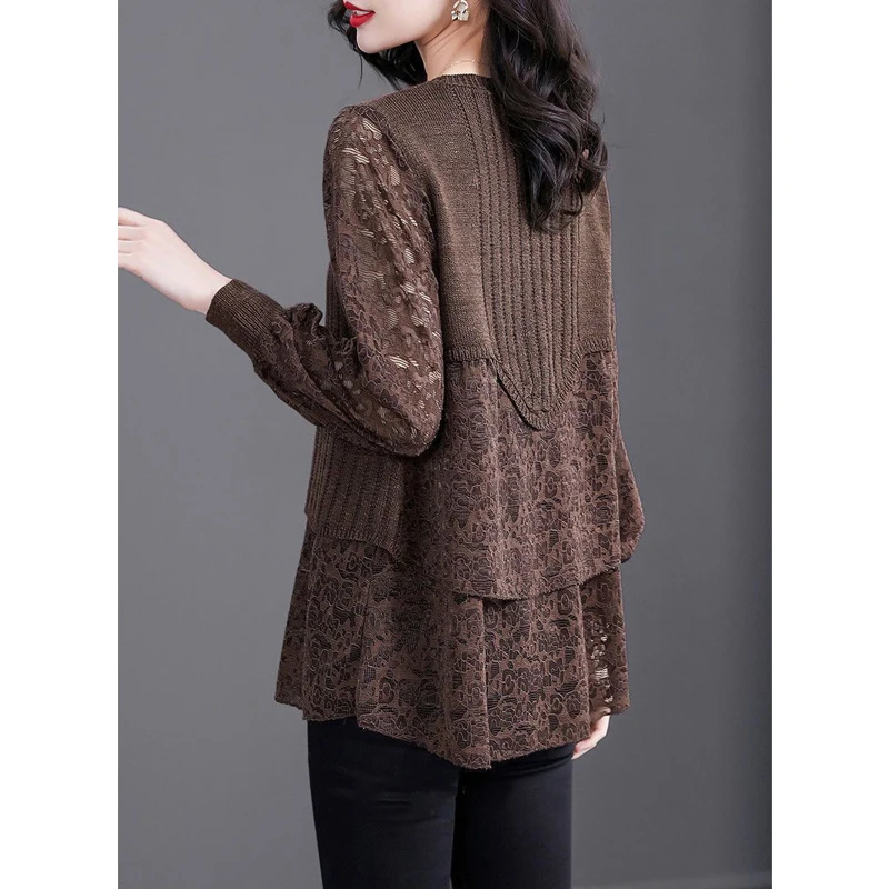 Women Lace Patchwork Elegant Knitted Sweater Autumn Winter Fashion Asymmetrical Chic Long Sleeve Knitwear Solid Loose Pullovers