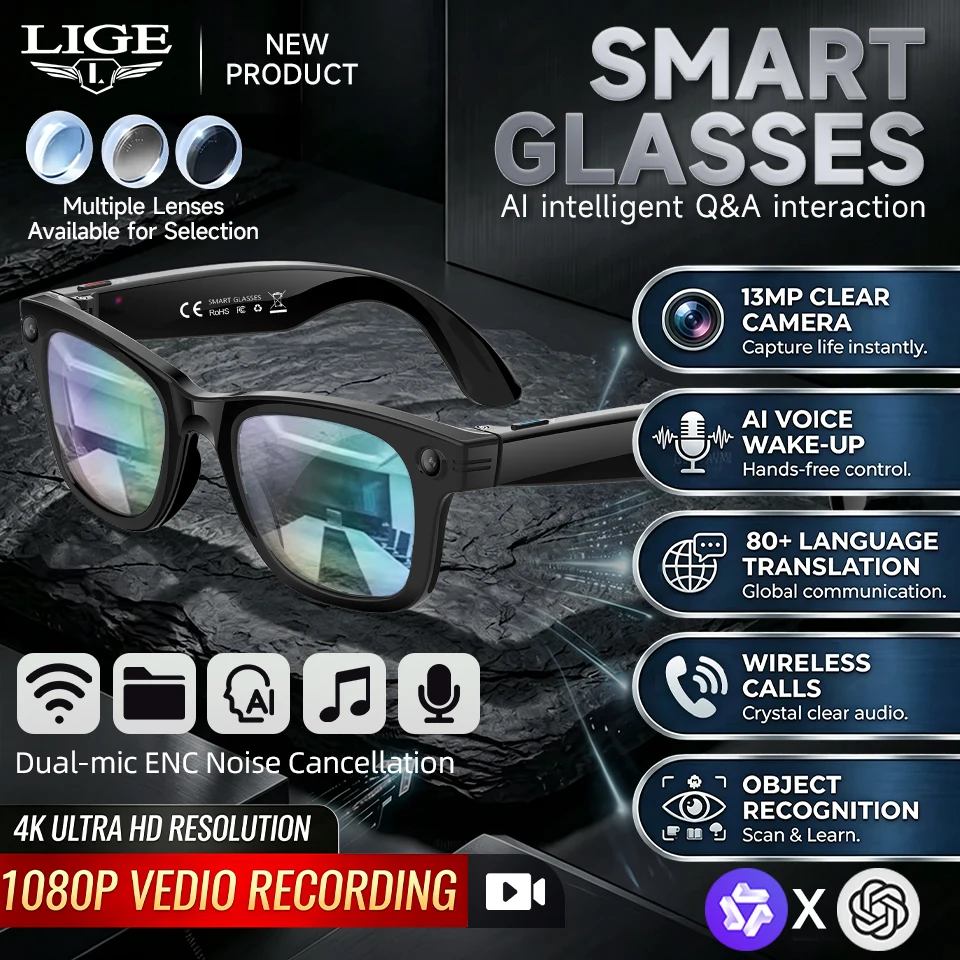 LIGE New 13MP Smart Glasses 4K HD Camera 88+Languages Translation ChatGPT Photo Video Recording Bluetooth Call Smart Sunglasses