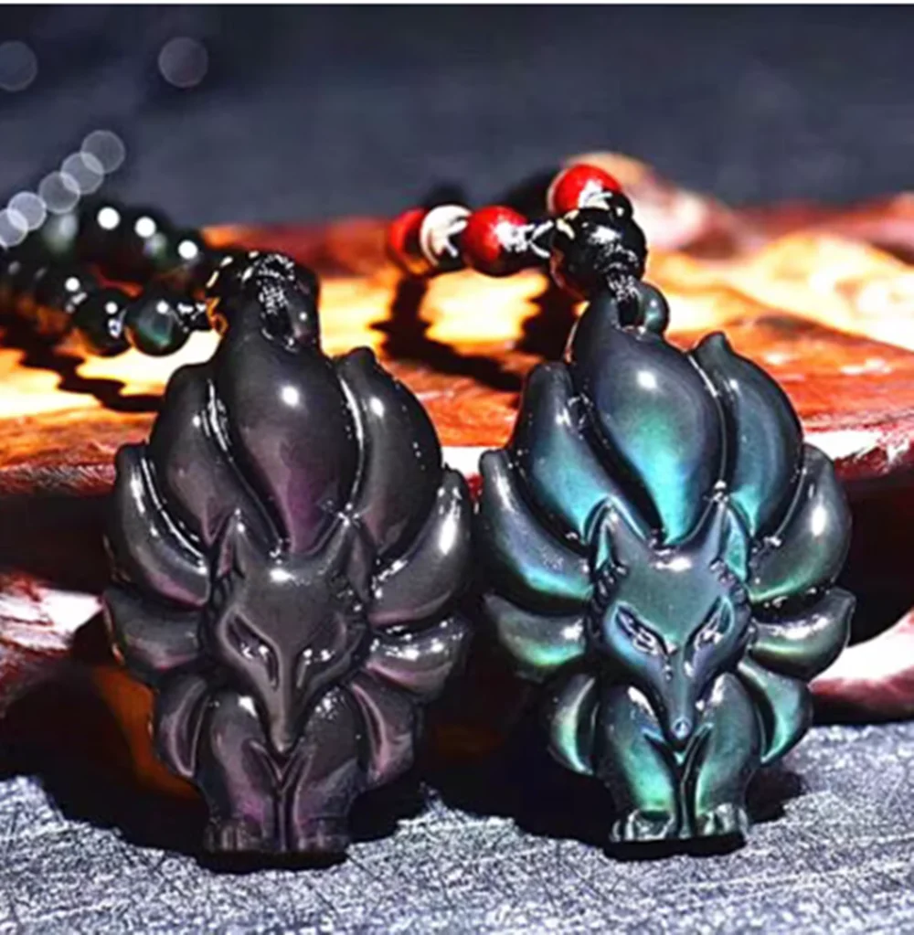Rainbow eyes obsidian quartz crystal, 9-Tailed Fox pendant, reiki gift, 1PCs