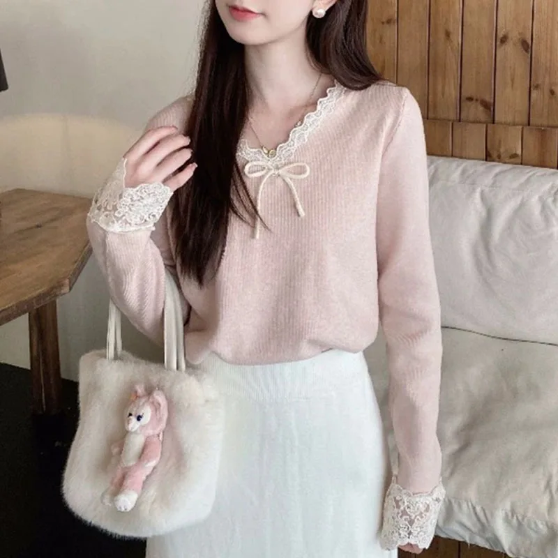 

Вязаный свитер, женские пуловеры, новый вязаный свитер с длинным рукавом и v-образным вырезом, кружевной бант, пуловер, женские топы, свитера Sueters De Mujer Q1510