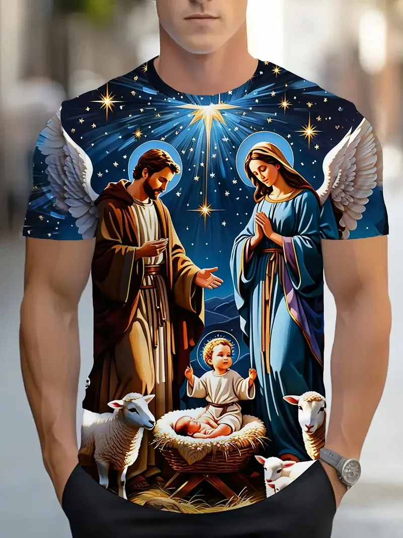 Camiseta 3D de Jesús y la Virgen María para Hombre, con Diseño del Nacimiento de Jesús, Ropa Urbana Masculina de Secado Rápido y Transpirable