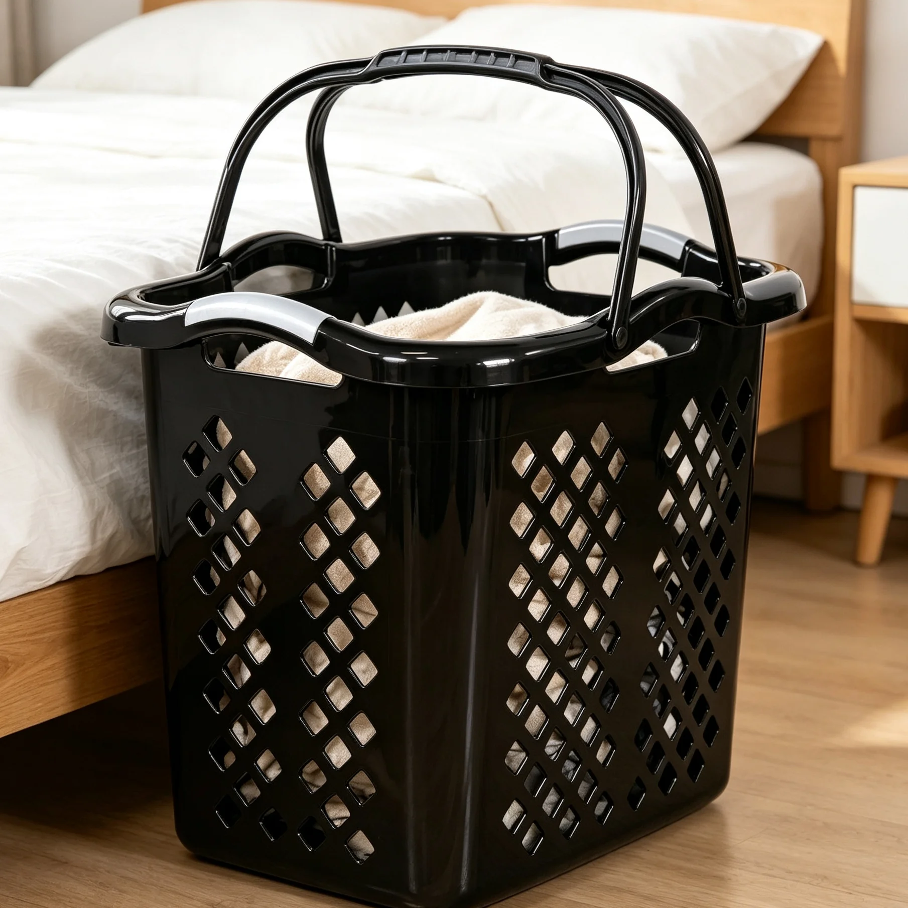 Home Logic 2 Bushel Plastic Laundry Basket, Black Hamper with Silver Handles for Adult Bedroom Bathroom Laundry Storage