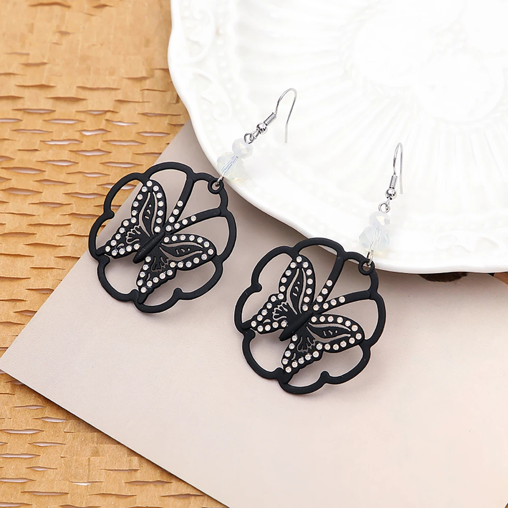 Korean Fashion Matte Metal Inlaid Rhinestone Hollow Butterfly Earrings For Women Vintage Style Trend 2024 Elegant Girls Jewelry