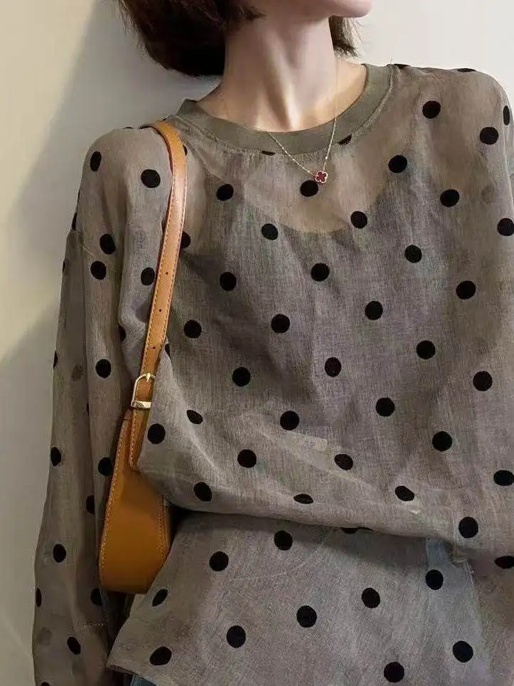 Women's Fashion Polka Dot Micro Translucent Long Sleeve round Neck Commute Shirt Sun Protection Top Casual High Waist A-Line ...