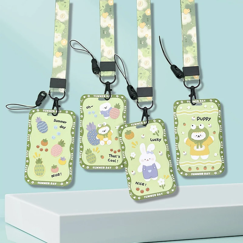 Green Series Credit Card Holder with Lanyard Cartoon Fruits Rabbits Card Cover ID Name Badge Card Holder Student Card Protectors