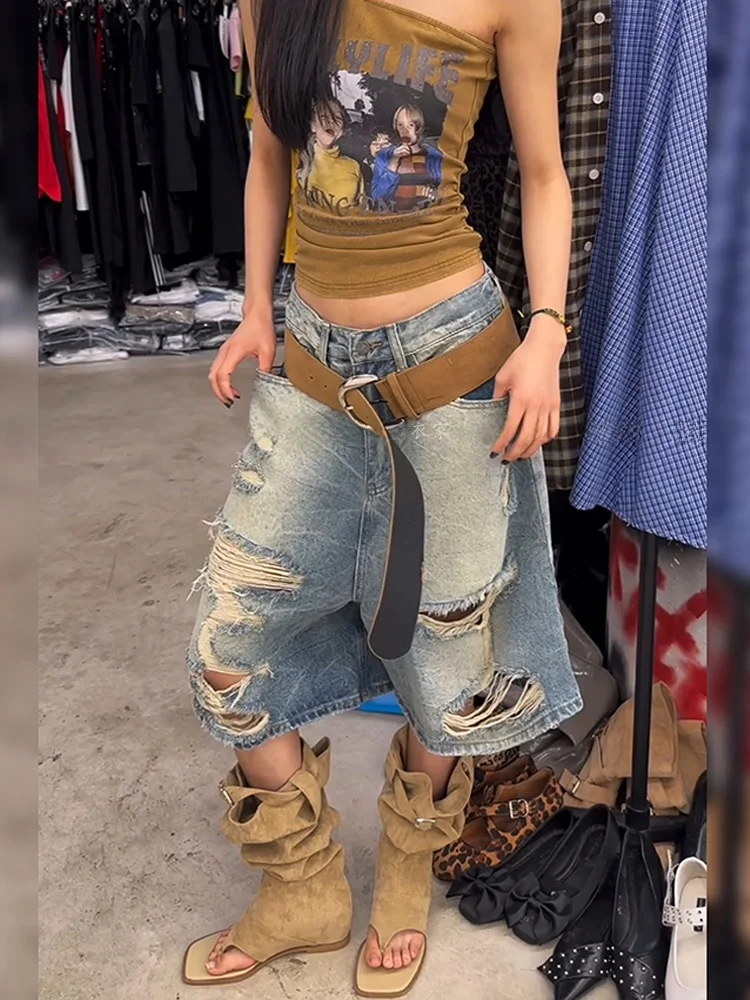 

Retro American Waed Distred Wide Leg Jeans Women's Punk Sexy Subculture Casual Five-Point Mid-Calf Pants