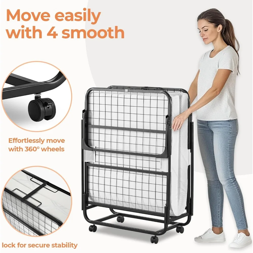 Materac z pianki memory składany - łóżko rozkładane 75x31 dla dorosłych, przenośne i oszczędzające miejsce, wytrzymała metalowa rama z kółkami, idealny