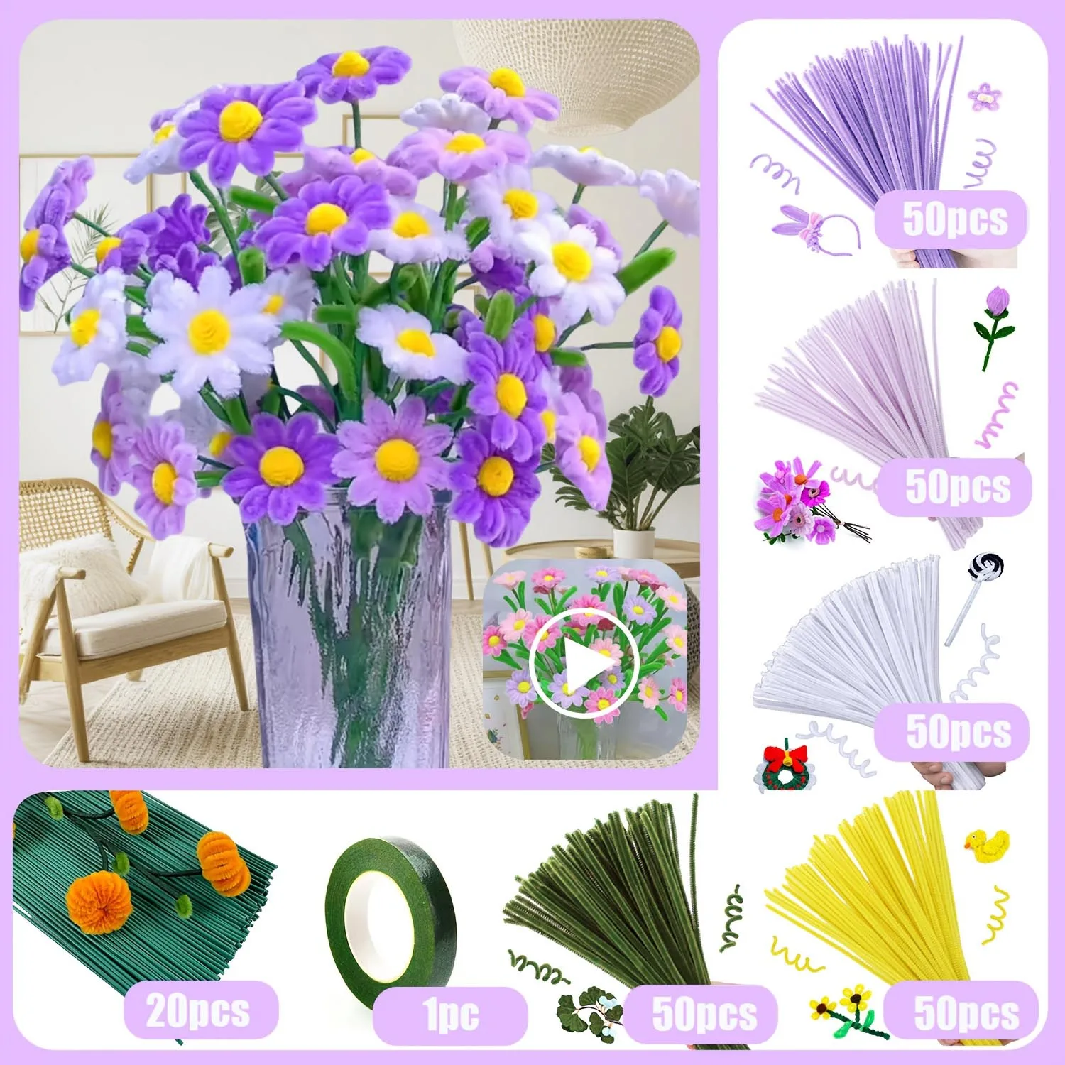 162/272Pcs Daisy Pipe Cleaner Craft Kit DIY Flower Bouquet Material Pack with Tutorial Card Beginner Friendly Holiday Party Art