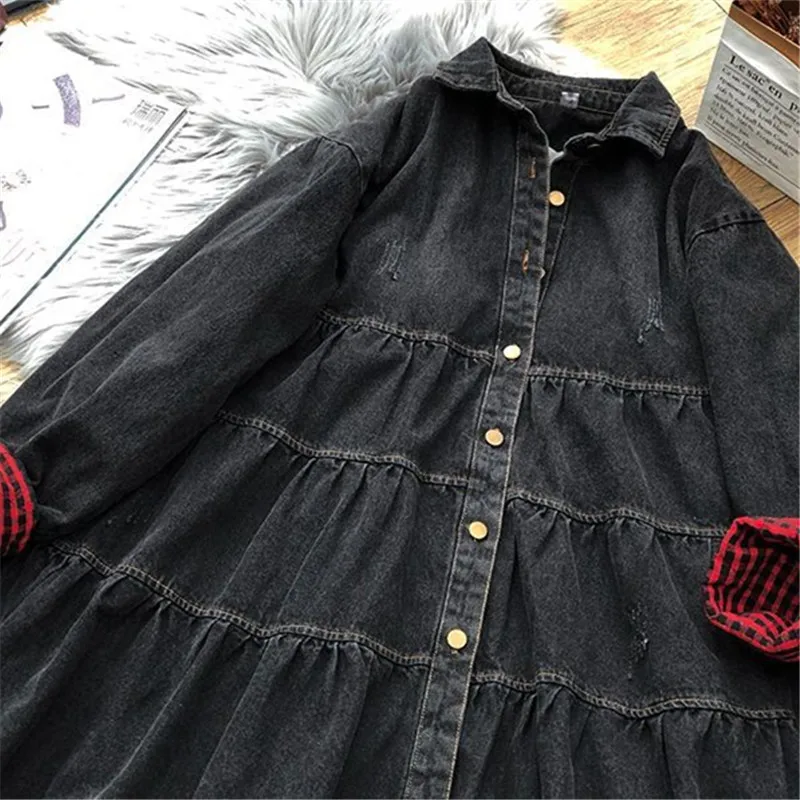 Temperament spring and autumn new Korean Mid-Length denim trench coat women loose Contrast color Windbreaker coat female R559