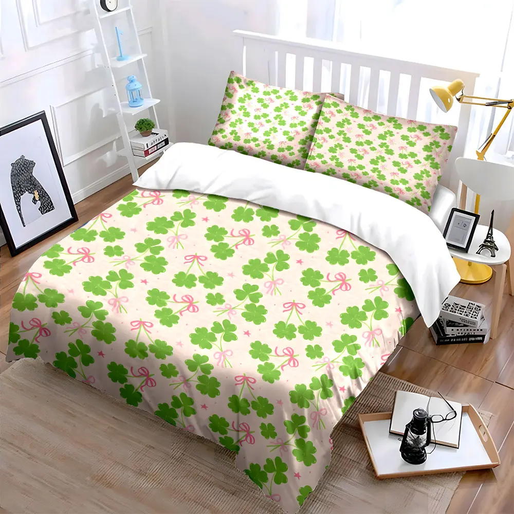 Pink background with green clover pattern Duvet Cover Set with 3D Printing Design Soft Polyester Bedding Set All-Season Comfort