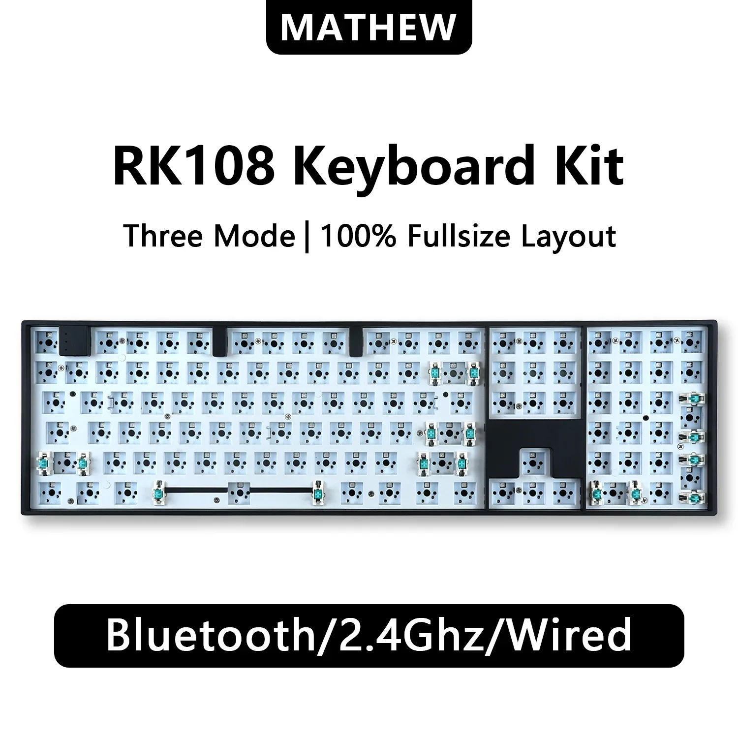 RK108 RGB Three-mode BT/2.4G Wireless Mechanical Keyboard Kit Fullsize Keyboard Barebone DIY Custom 108keys with Numberpad/MAC