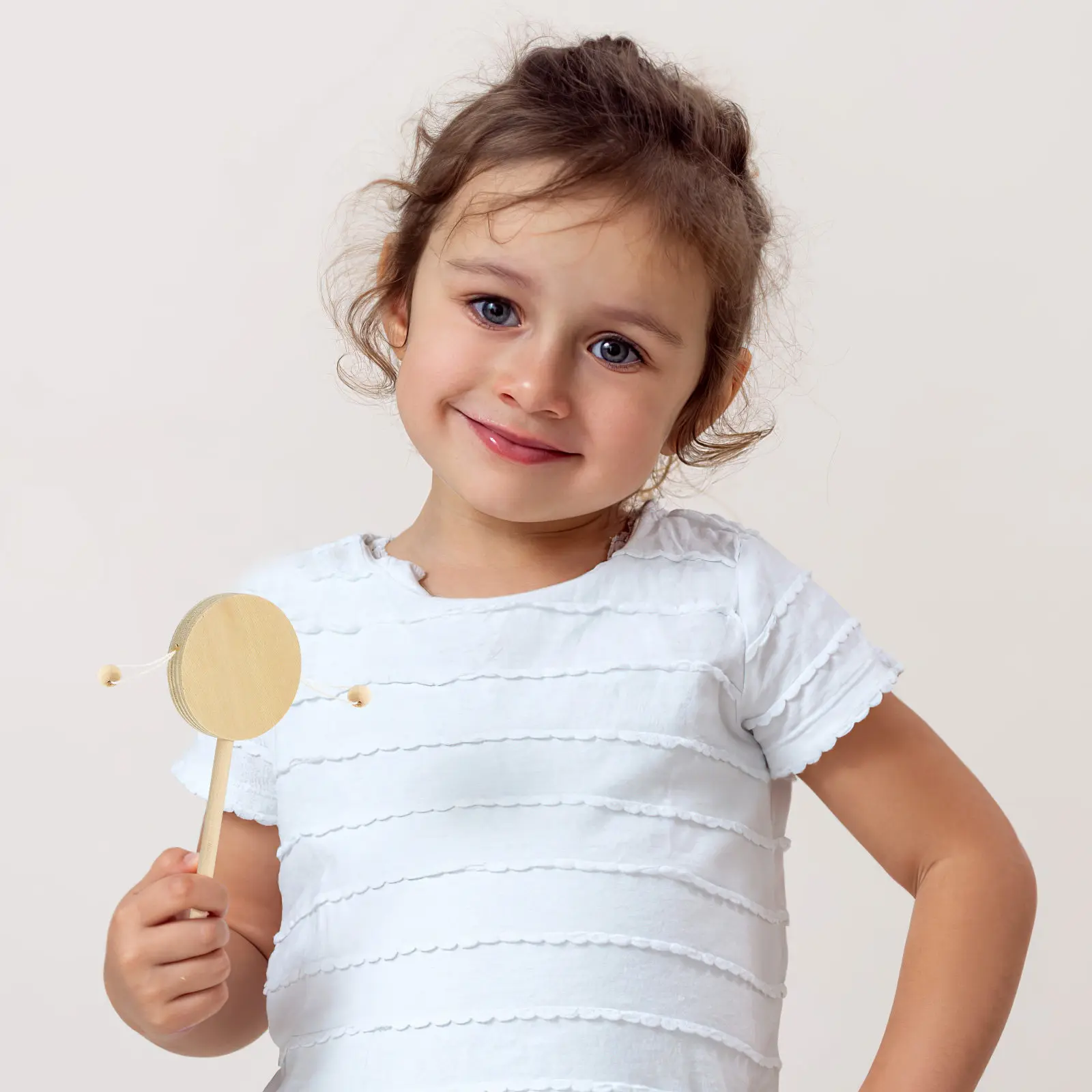 1Set A Drum Shaped Rattle for Toddlers Natural Wood Construction DIY Friendly Surface Polished Handle Early Childhood