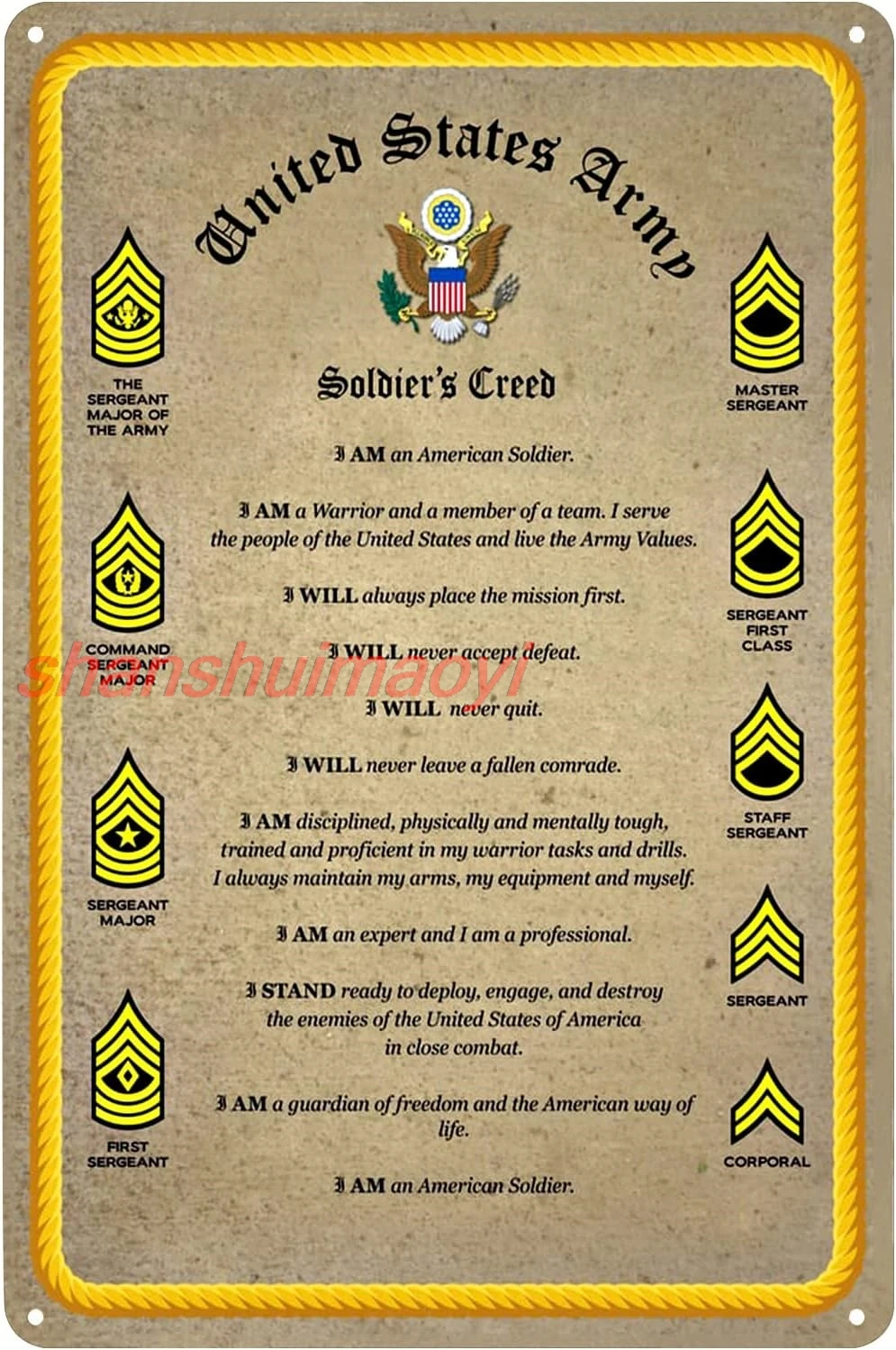 MAI Vintage Metal Signs Military Rank Tin Sign US Army Soldier's Creed Poster Wall Art Decor Plaque for Home Bar Cafe Club Offi