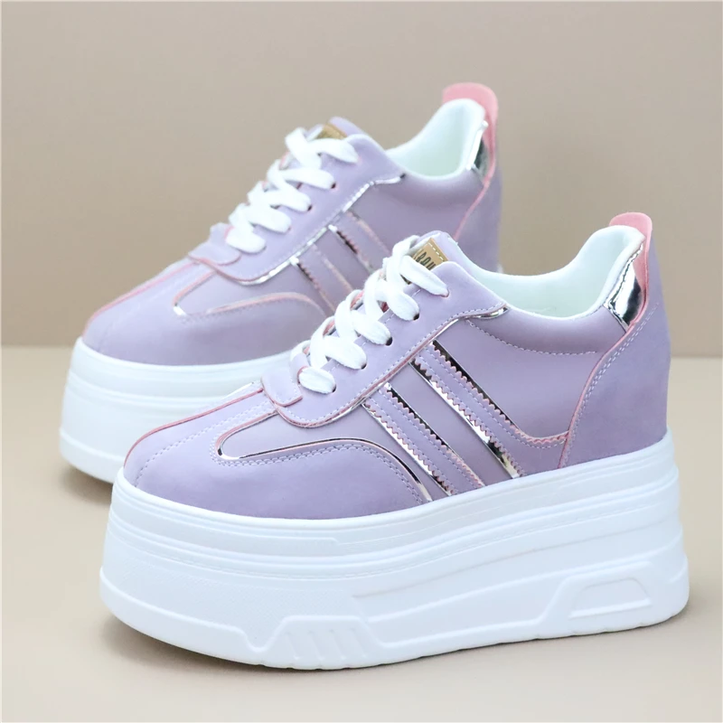 High Heel Leather Thick Sole Platform Shoes 10cm Hidden Height Increase Slimming Casual Sneakers for Petite Lightweight Women