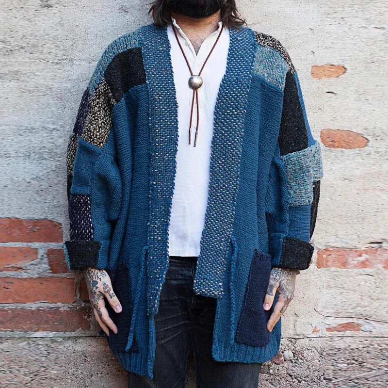 Kapital Vintage Non Hirata Hiroshi  Stitching Knitted Japan Blue V-neck Thickened Sweaters Loose Cardigan Plaid Wool Taoist Robe