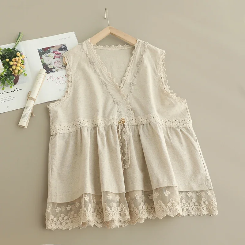 Summer Sweet Mori Girl V Neck Lace Floral Embroidered Vest Tank Top Women Sleeveless Casual Loose Cotton Crop Tops