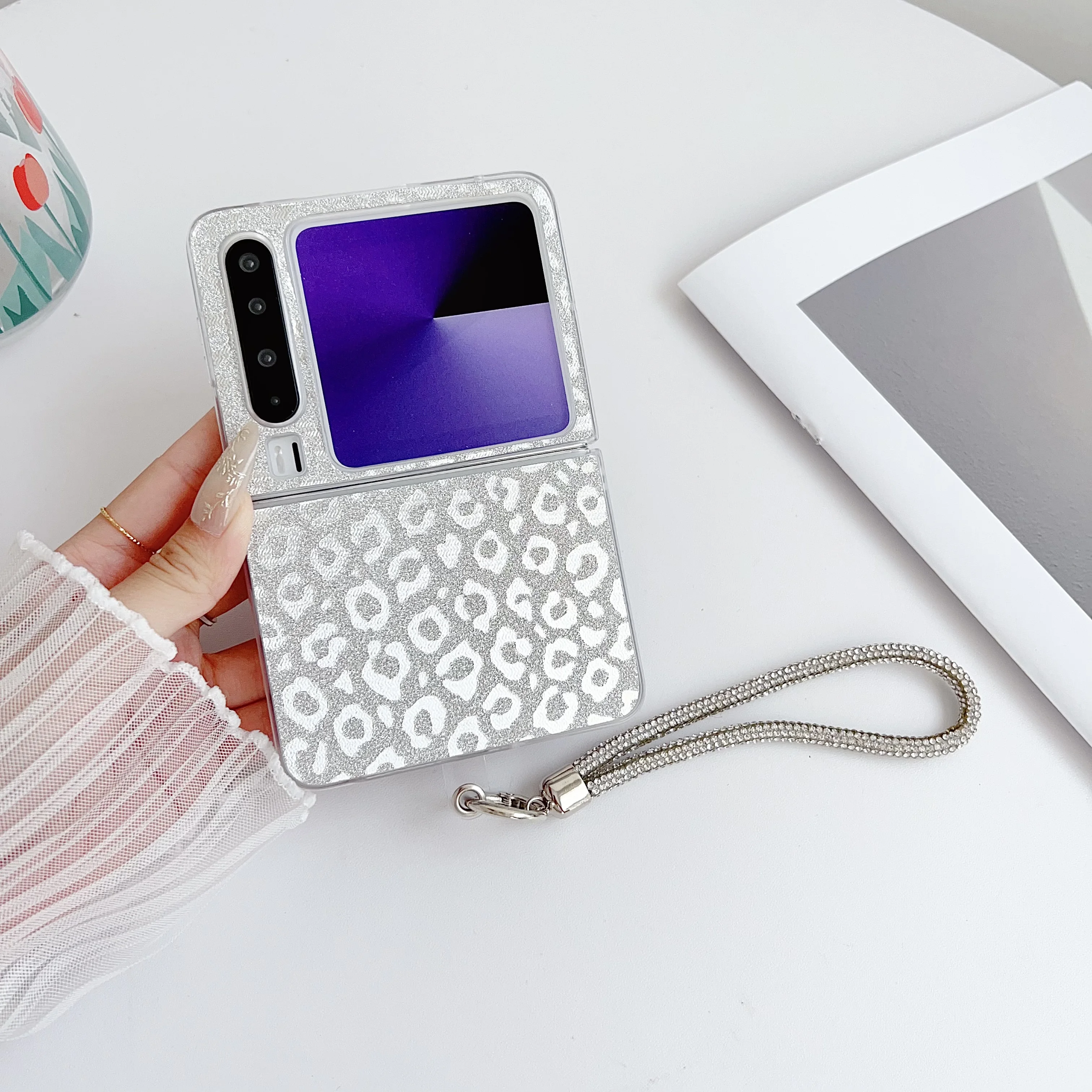 

Back Cover For Huawei Pura X Pocket2 Nova Flip Case Sliver Laser Leopard Panther Snake Pattern Hand Straps Rope Hard Pc Case