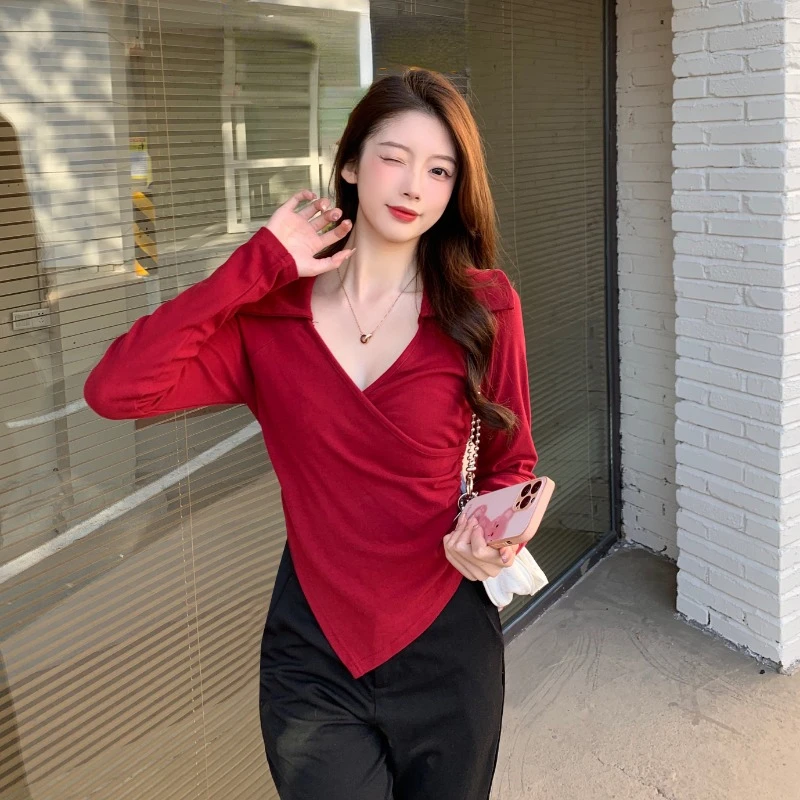 New Arrival Autumn and Winter Women's T-shirts Long Sleeve V-neck Slimming Solid Color Korean Style Fashion Daily Female Tops