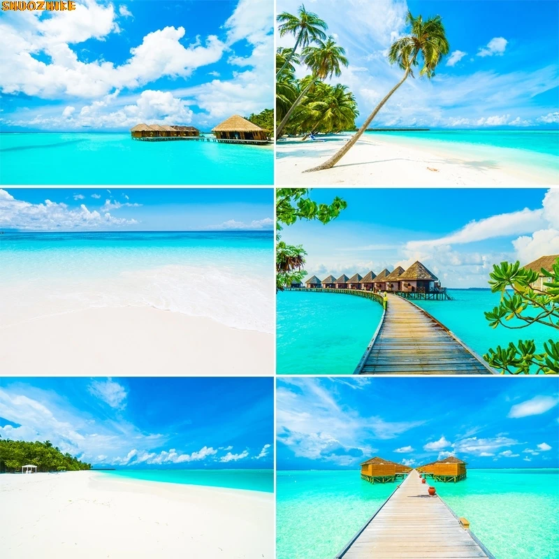 

Beautiful Paradise Island Coconut Palm Tree Photography Backdrops Maldives Tropical Beach Sea Blue Sky Summer Background AB-03