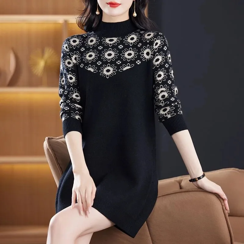Women Jumper Wool Knitted Loose Sweater Winter Long Sleeve Print Half High Collar Thick Soft Comfort Knitwear Jumper Female Tops