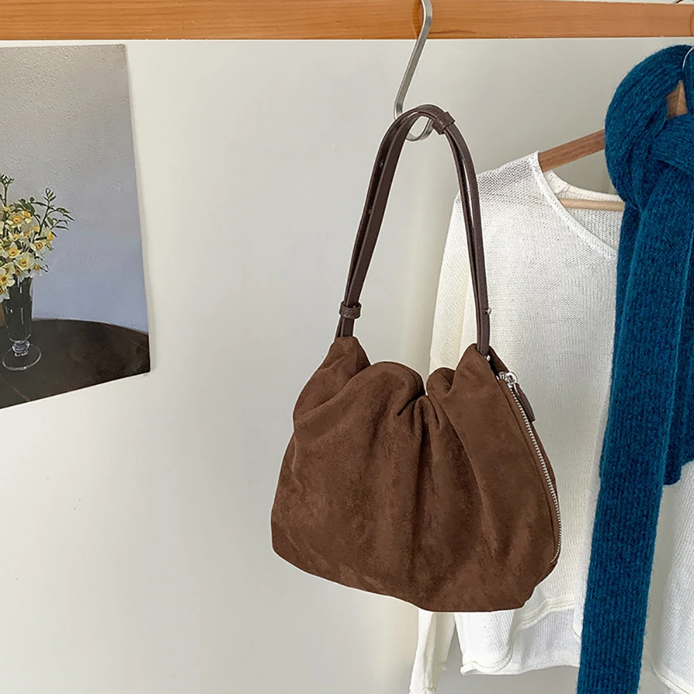 

Autumn Winter Vintage Suede Pleated One Shoulder Bag Women Chic Side Zipper Soft Handbags Daily Versatile All-Match Commute Bags