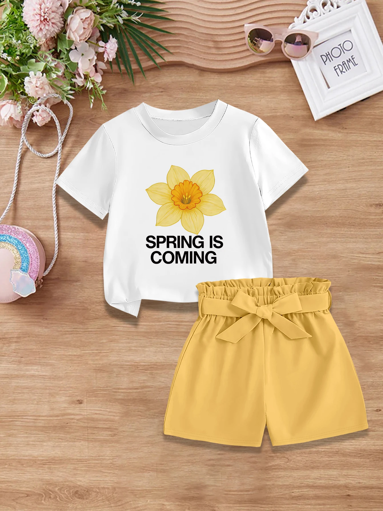 2 pieces: Summer Girls Sweet Cute Outfit Cartoon Yellow Daffodil Print T-shirt + Woven Bow Shorts