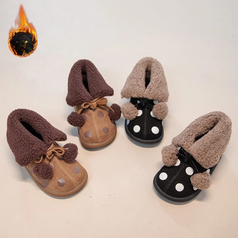 

Children's Baby Snow Boots 1-8 Years Old Camel Polka Dots Fur Ball Flap Boys Girls Cotton Shoes Padded Warm Kids Short Boots