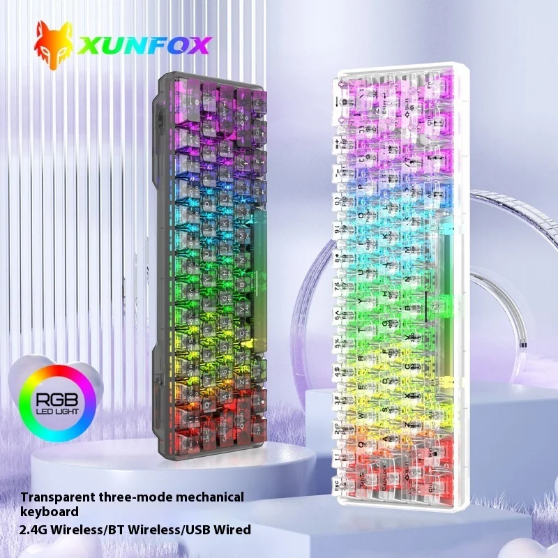 

XUNFOX K30pro Wireless Bluetooth Three-mode Transparent Mechanical Keyboard White Axis Hot Plug Customized Rgb Keyboard