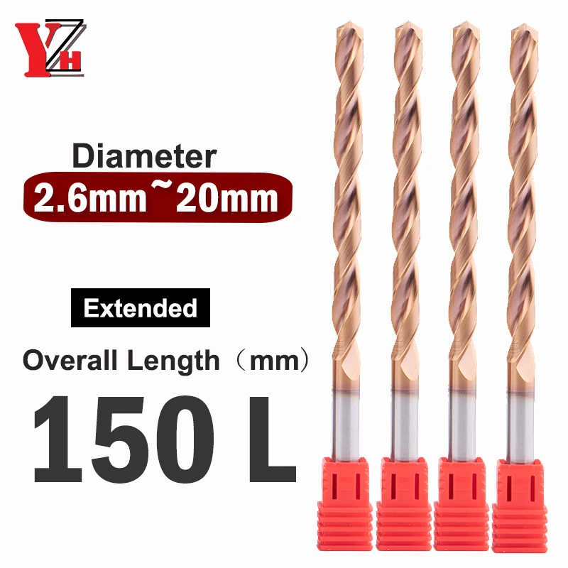 YZH 150L Carbide Twist Drill Diameter D2.6-D20 Solid Tungsten Bits HRC55 CNC Straight Handle Drilling Hole For Metal Iron Steel