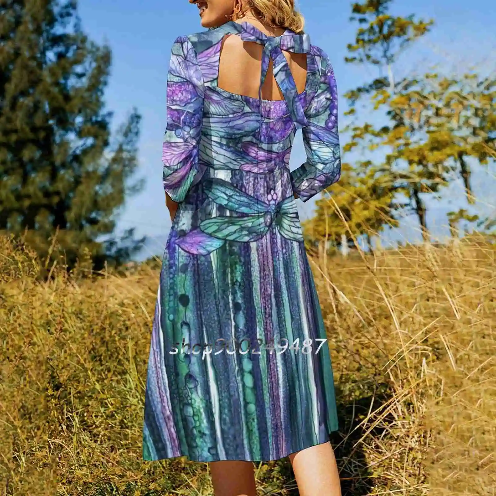 Dragonfly Bloomies 1-Lavender Teal Flare Dress Square Neck Dress Elegant Female Fashion Printed Dress Dragonfly Dragonflies